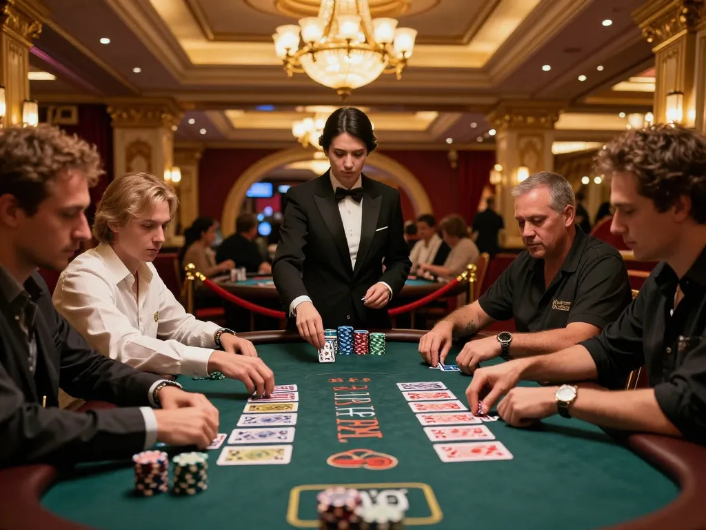 Intense blackjack gameplay on 98win, showcasing players and dealer in a luxurious casino.
