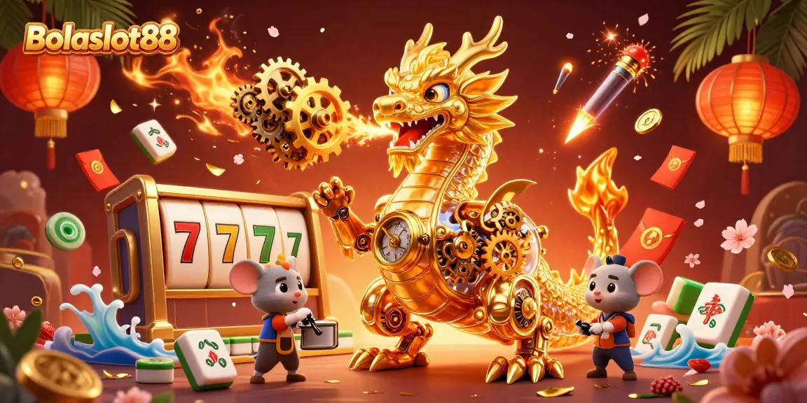 Bolaslot88 showcases vibrant 3D elements like golden dragons and slots in a dynamic casino scene.