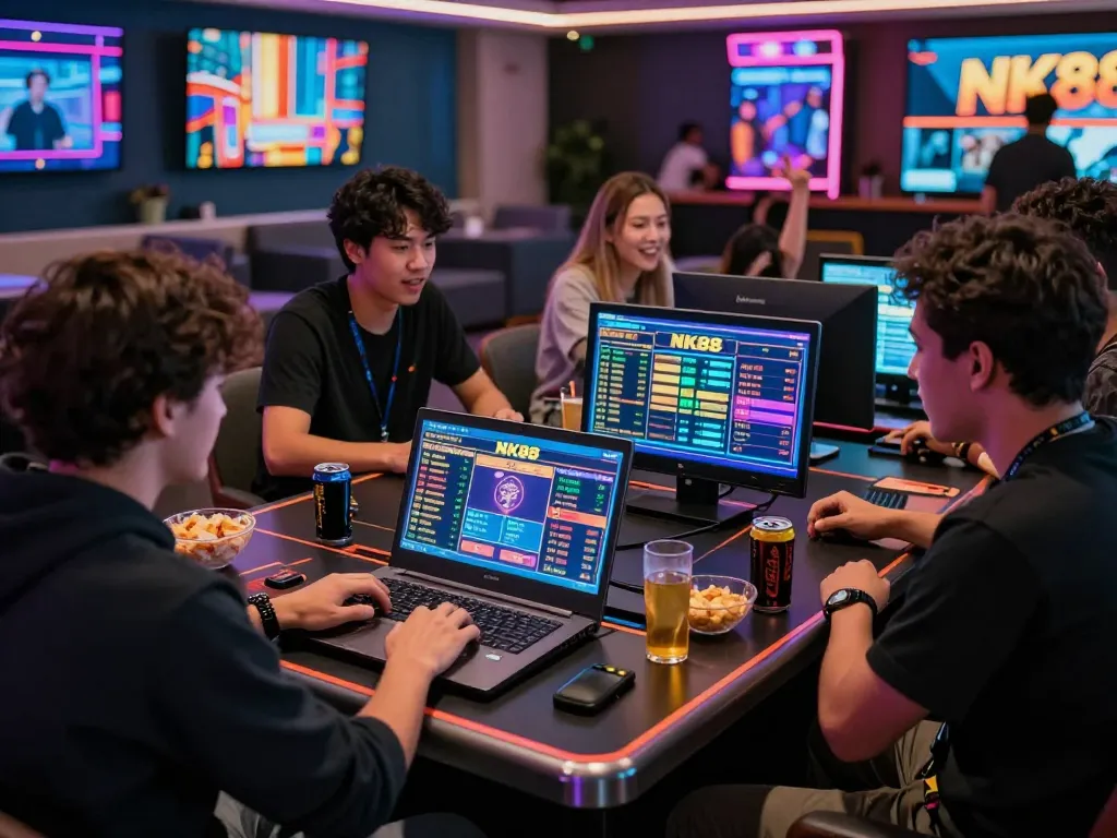 Exciting scene of players engaging in NK88 online betting, showcasing vibrant casino atmosphere.
