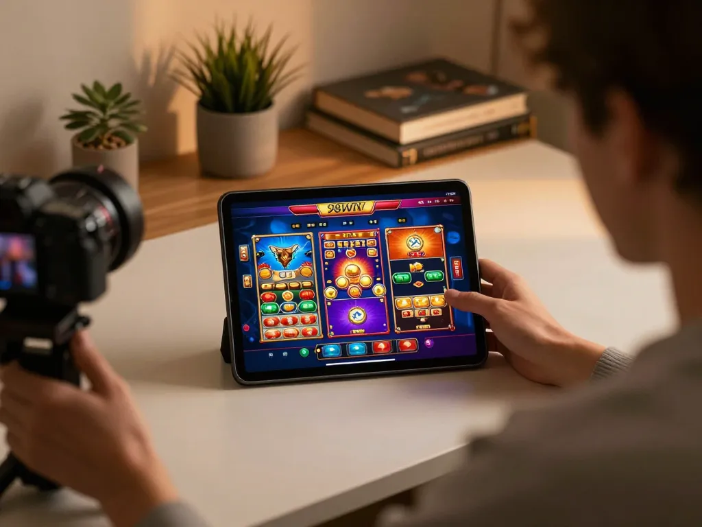 Engaging in online gaming at 98WIN with vibrant tablet interface and cozy atmosphere