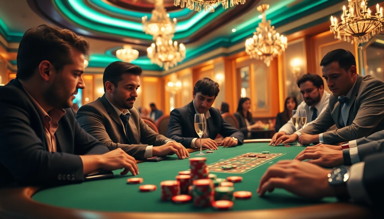 Engaged players enjoying their poker game at afktoto casino, displaying intense concentration and vibrant chips.