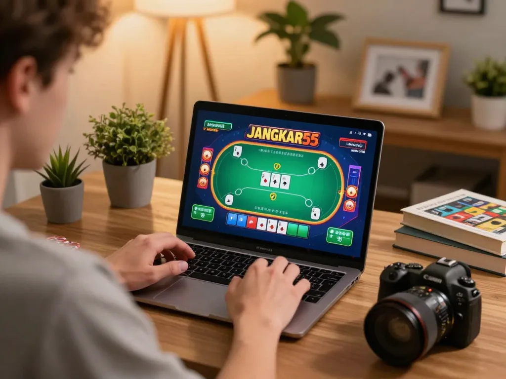 Player using JANGKAR55 on laptop for online gambling strategy in a cozy home setting.