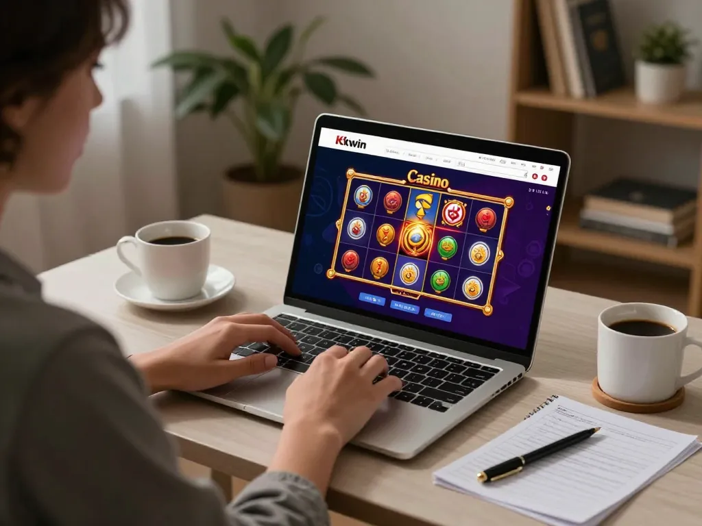 Kkwin user enjoying an engaging online casino experience at home with vibrant slot games.