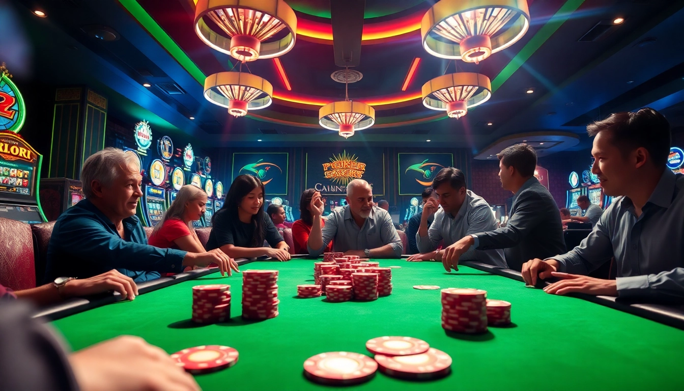 Permainan ondel4d di meja poker yang penuh semangat dan cahaya neon yang terang.