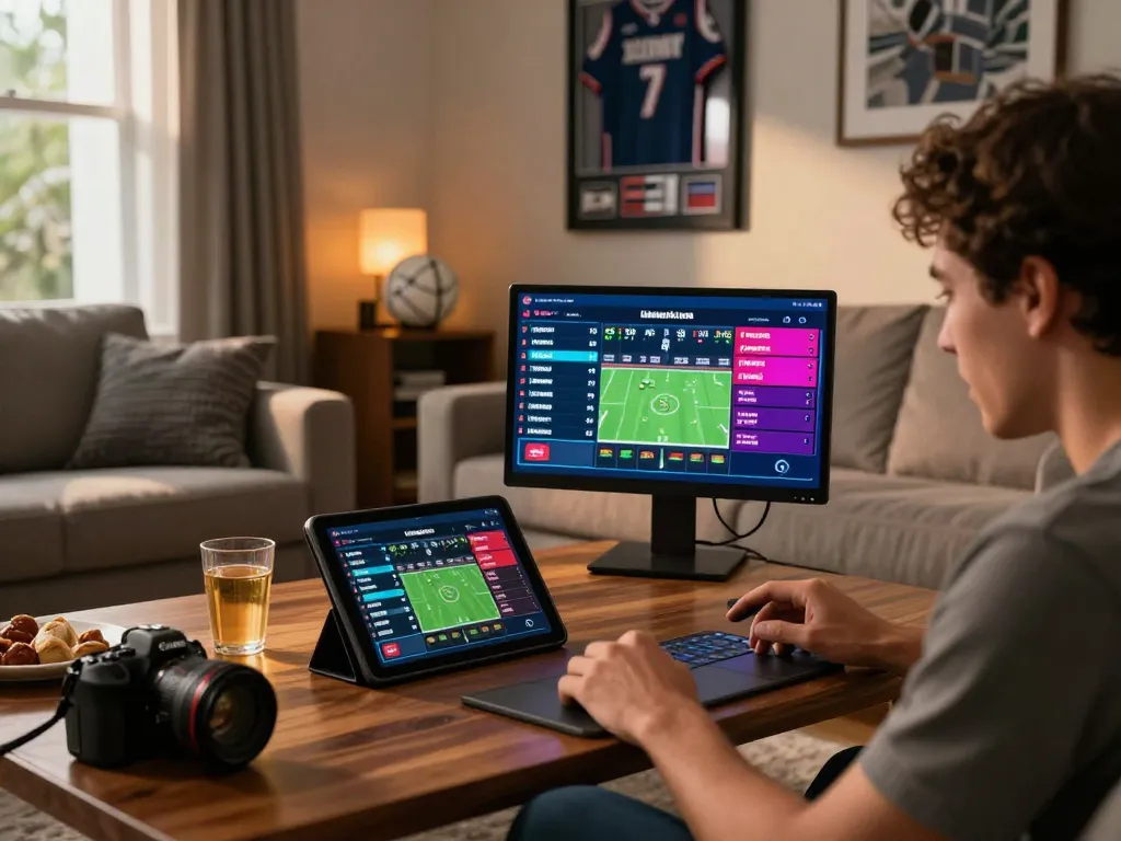 Engaging in kèo nhà cái sports betting online with an interactive tablet interface and cozy home atmosphere.