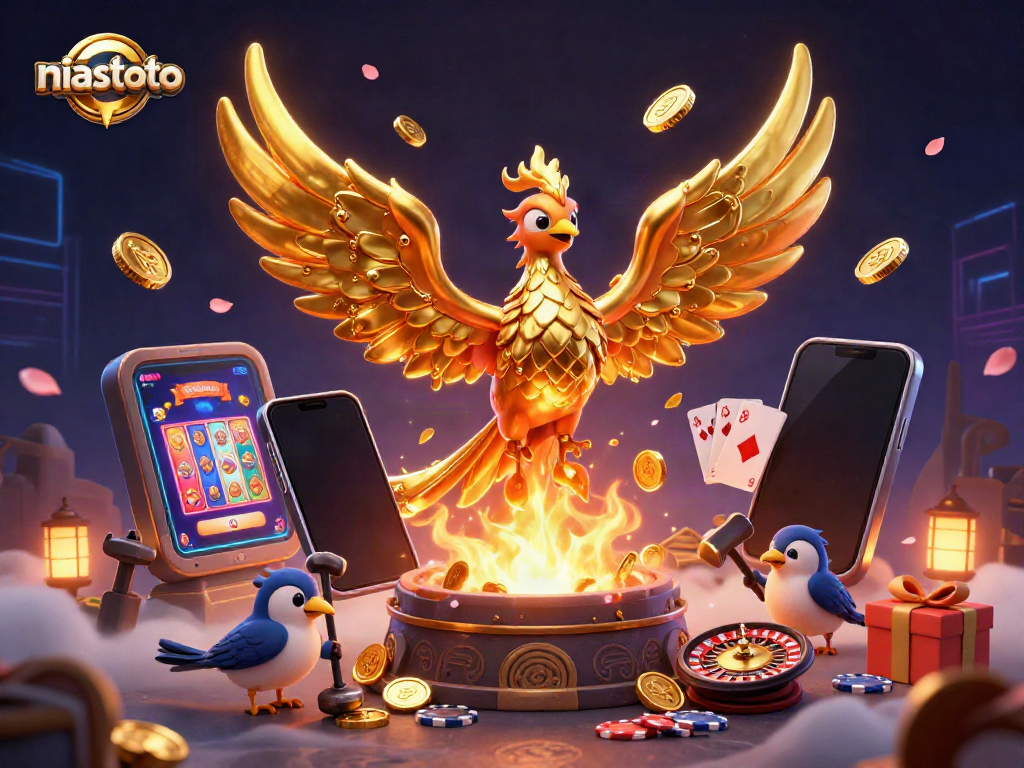 Experience niastoto's dynamic gaming scene with a golden phoenix, exciting slot game elements, and rich visual detail.