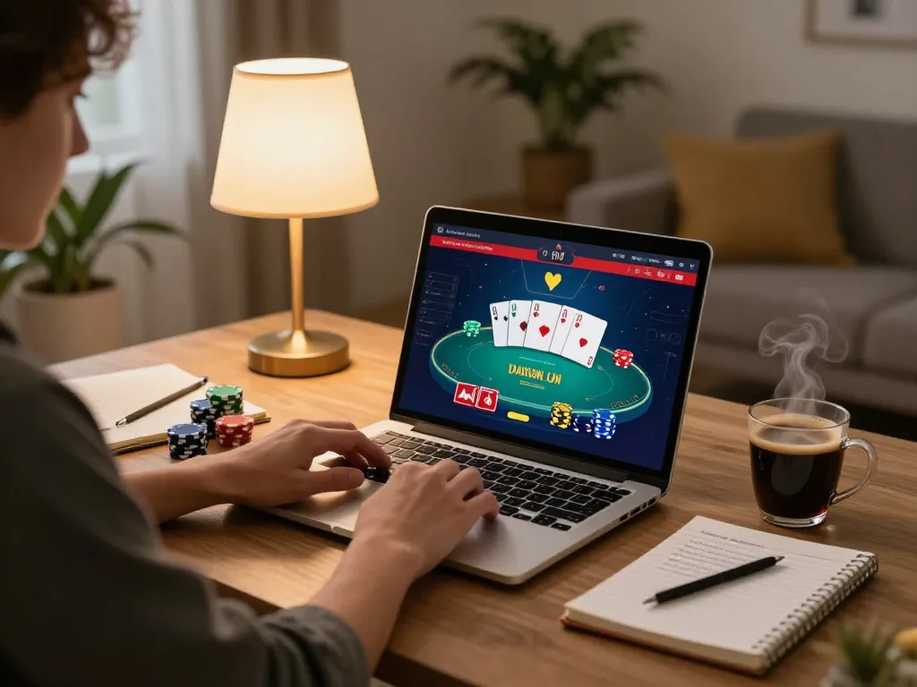 Nego77 player engaged in an online poker game at home with laptop display and strategy notebook.