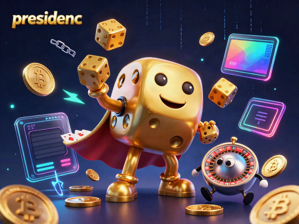 Engage in high-stakes fun with presidencc, where a golden dice golem juggles luck amid vibrant crypto elements.
