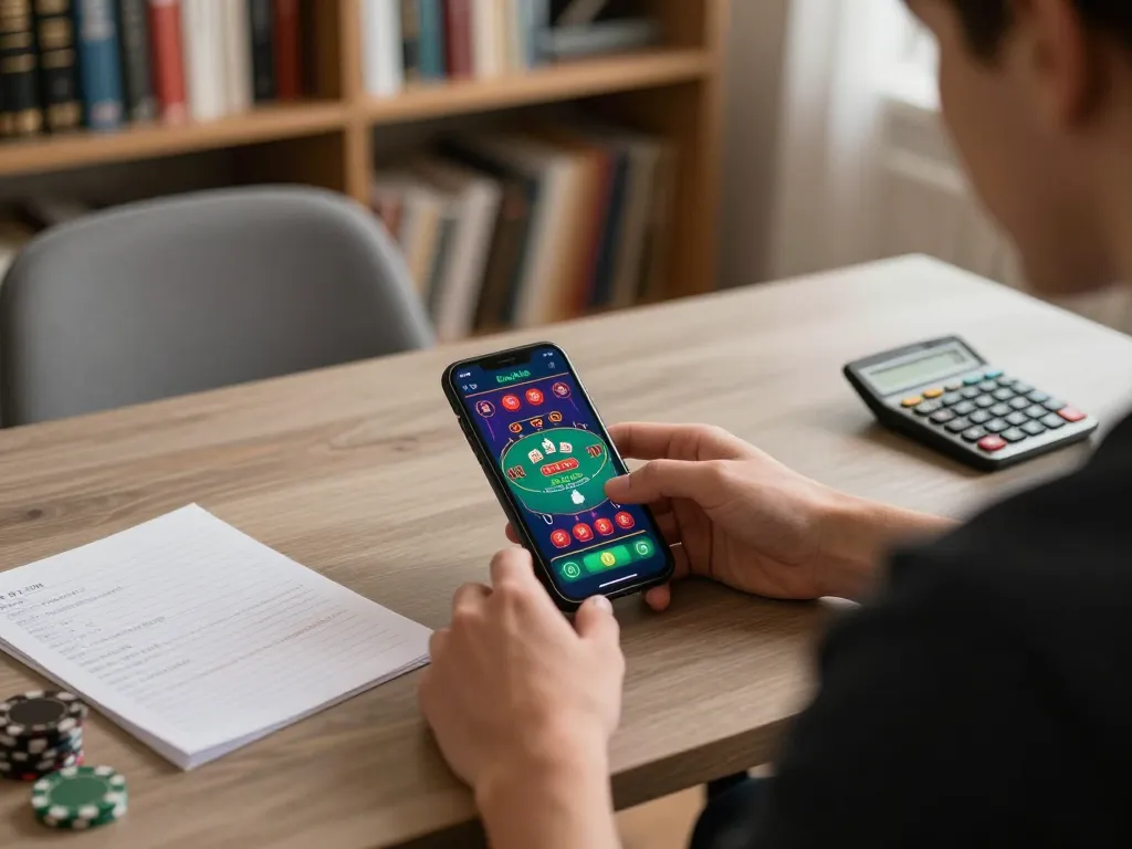Player using mobile app on smartphone for 88CLUB blackjack strategy calculations in a cozy home setup