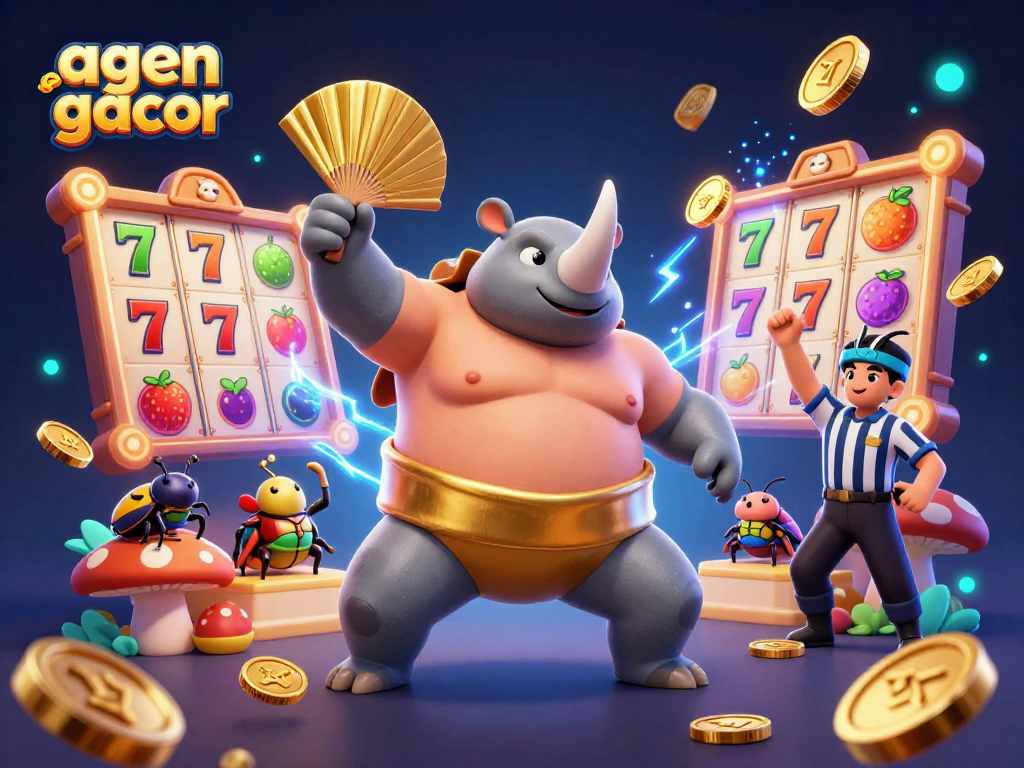 Engage with the thrill of agen gacor as a sumo beetle champions fierce stomp sends coins flying amidst vibrant slot machines.