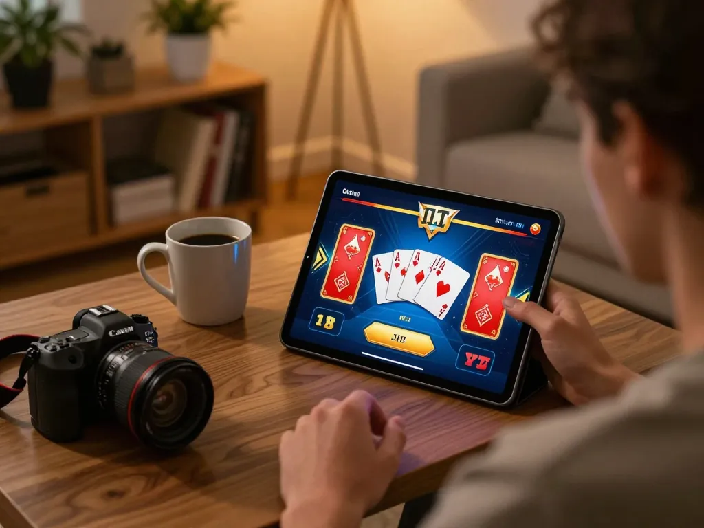 Player enjoying OKESLOT online gaming on tablet in cozy living room, emphasizing strategic slots gameplay.