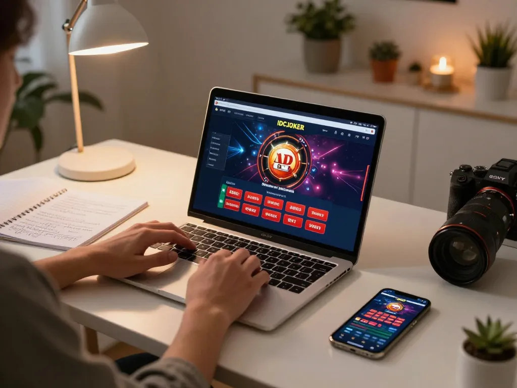 IDCJOKER gaming on a laptop at home, highlighting online casino strategy and engagement.