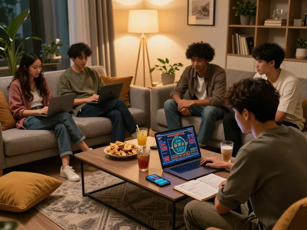 Enjoying togel online with friends during a home gaming night, showcasing dynamic gameplay and cozy atmosphere.