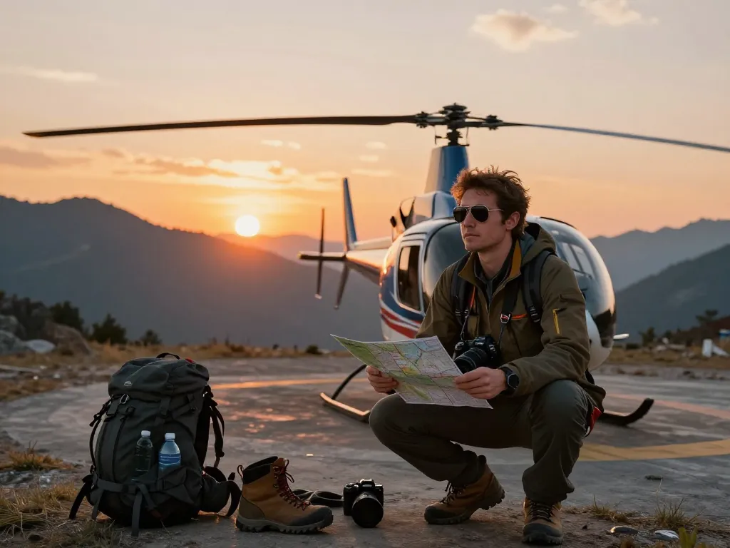 Fly88 adventure enthusiast preparing for a scenic helicopter flight at sunset.