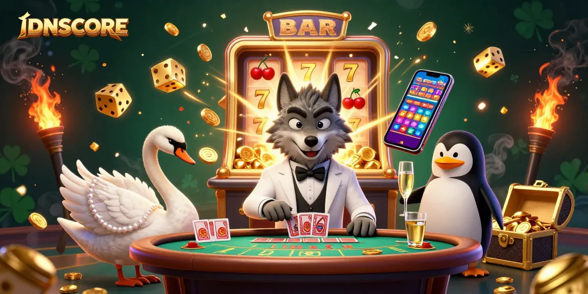IDNSCORE offers an exciting online gaming experience with a dynamic 3D scene featuring engaging characters and jackpot elements.