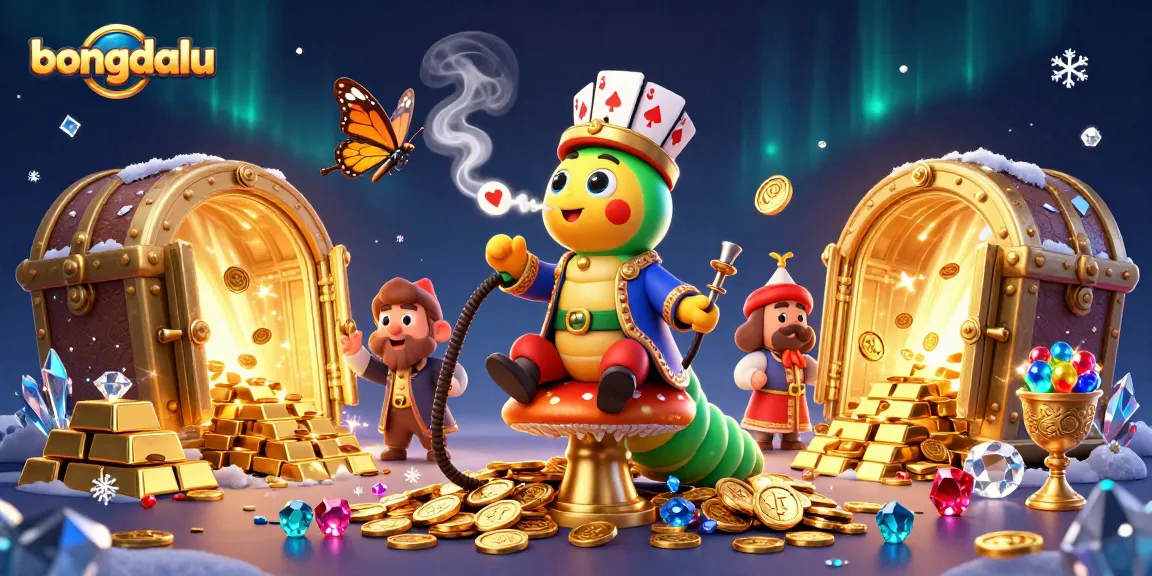 Bongdalu showcases a vibrant 3D scene where a hookah-master caterpillar presides over luxury casino treasures, embodying the thrill of betting.