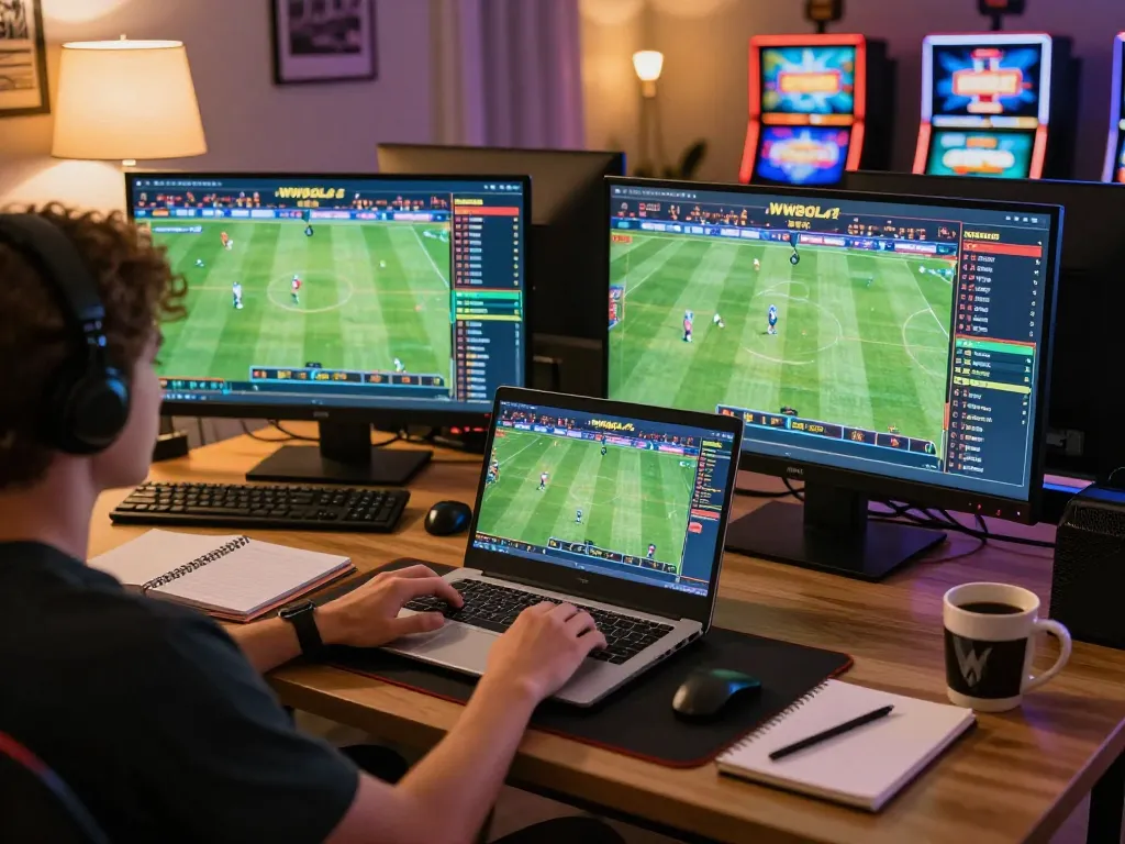 WWBOLA user enjoying exciting sports betting on multiple screens in a cozy home setting
