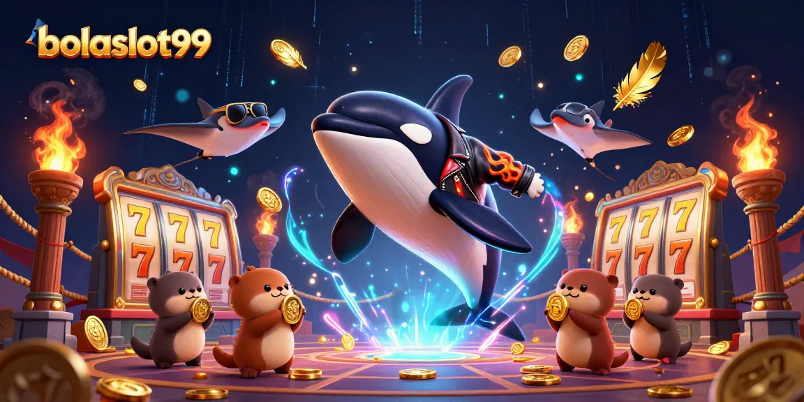 Experience thrilling action in bolaslot99 with orca biker and otters amidst slot reels and shimmering coins.