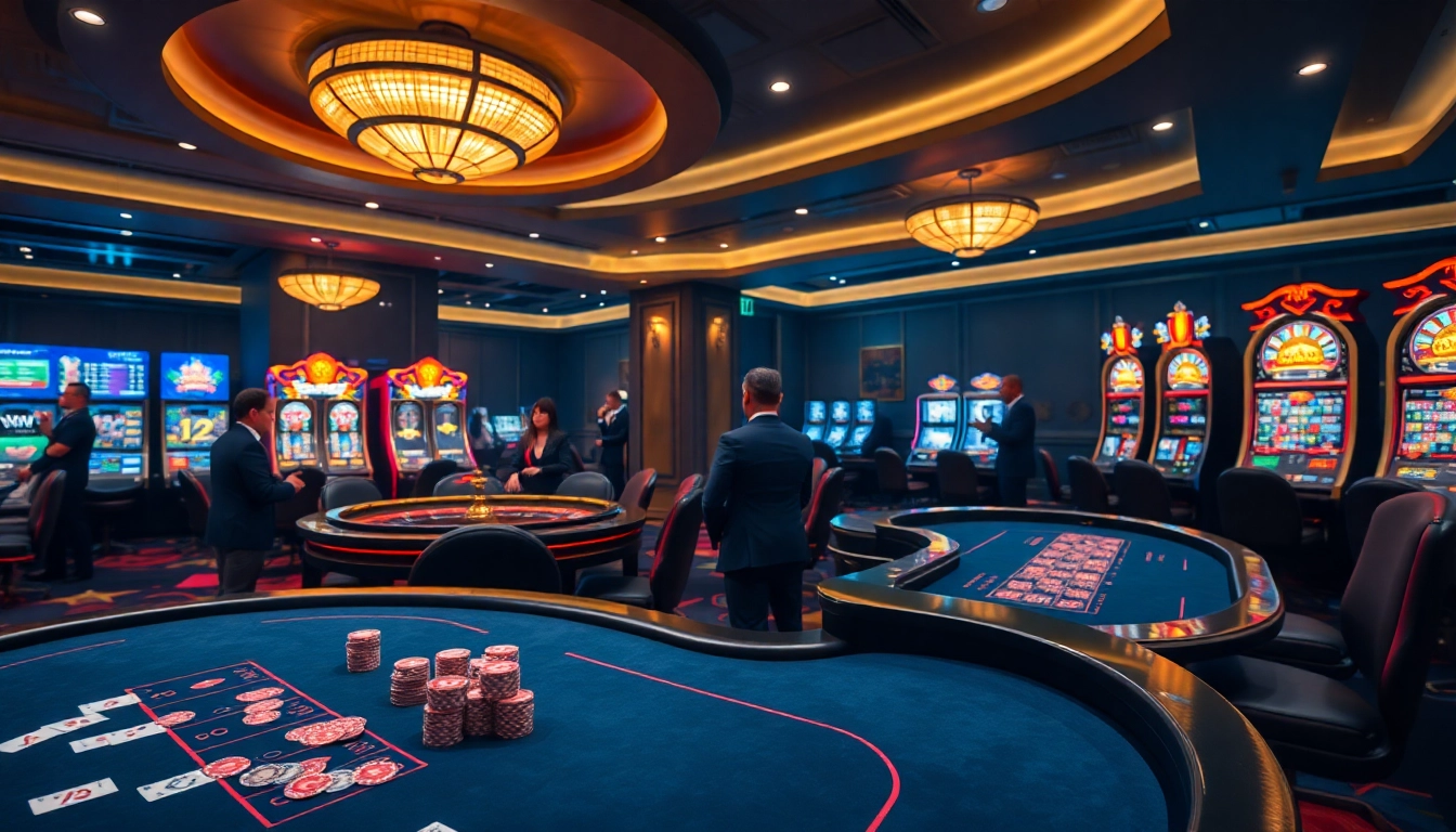C168 enhances the thrill of poker with high-end tables and vibrant slot machines in a luxurious casino.