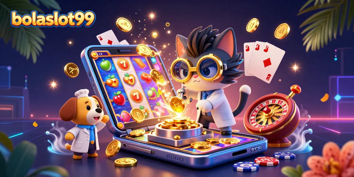 Experience the magic of bolaslot99 with vibrant slot games and cartoon characters creating gold coins!