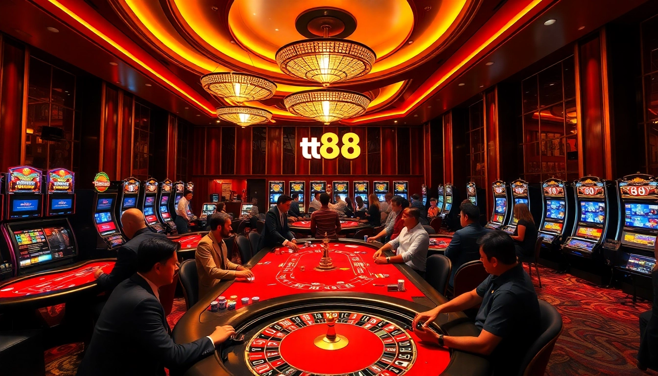 Gamblers enjoying high-stakes games at TT88's luxurious casino tables with vibrant atmosphere.