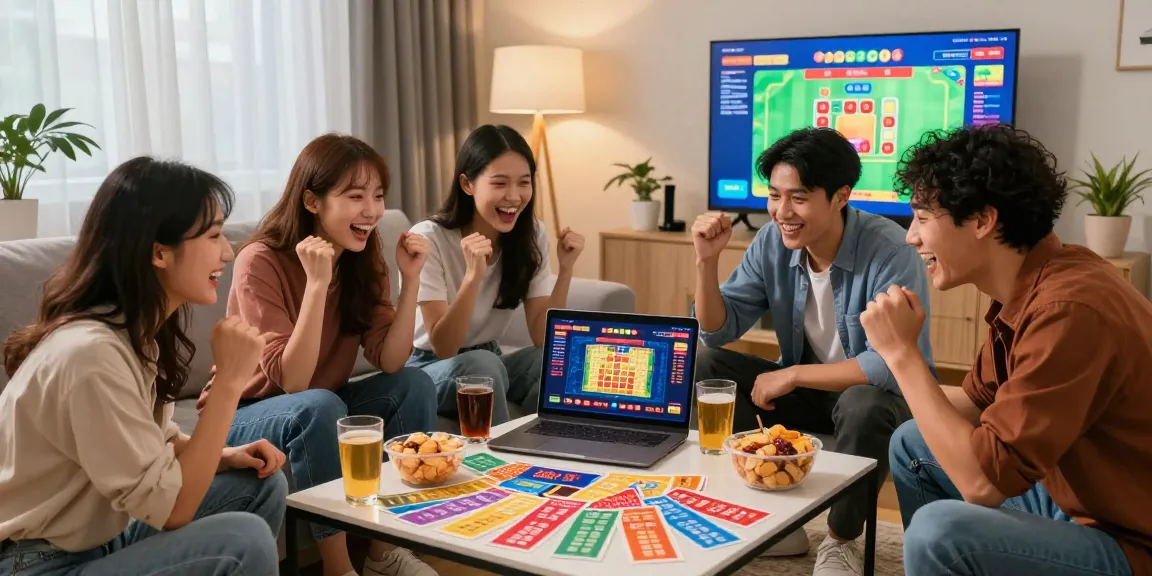 Suasana bermain rajatogel bersama teman di ruang tamu yang nyaman dengan tiket lotere berwarna-warni.
