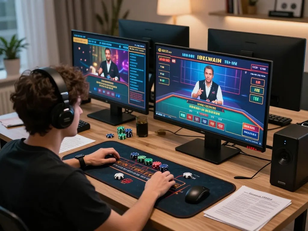 Engaging in a u88 live casino game on multiple screens, showcasing a dynamic online gaming environment.