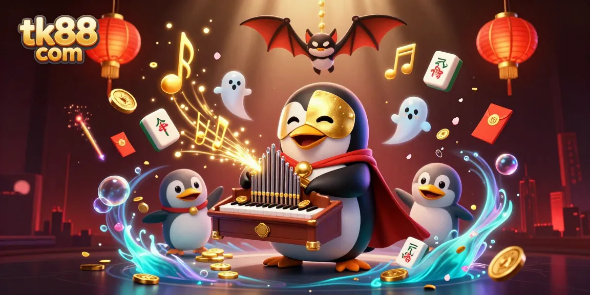 Engage with tk88 com as a lively casino adventure unfolds featuring a whimsical penguin playing golden coin organ.