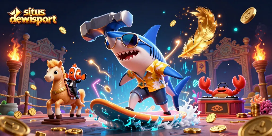 Experience the excitement of situs dewisport with a vivid 3D scene of gaming characters and elements.