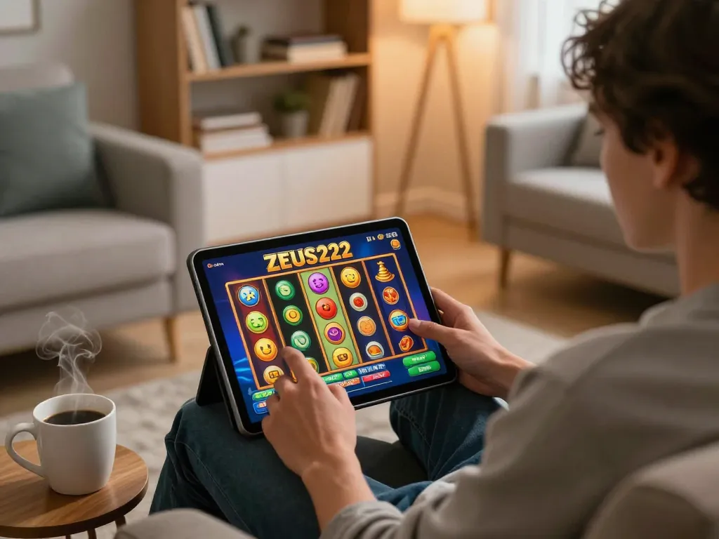 Person immersed in ZEUS222 online slot game on tablet, showcasing engaging gaming experience in a cozy setting