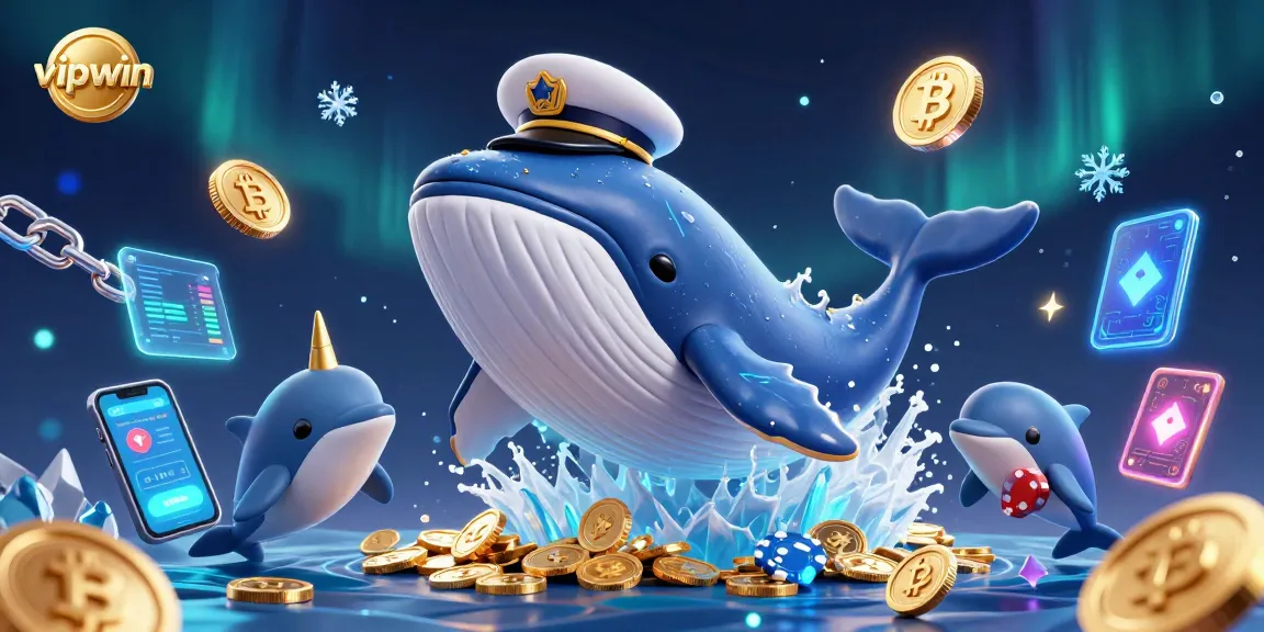 Engage in thrilling gameplay at vipwin, featuring a whale captain amidst glowing crypto elements.