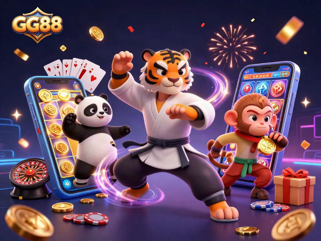 Experience the thrill of GG88 with a dynamic casino scene featuring a kung fu tiger and playful characters.