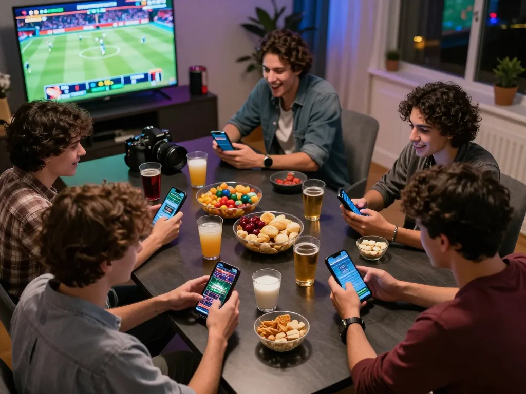 IDNSCORE app showcases active sports betting on smartphones in a vibrant social setting.