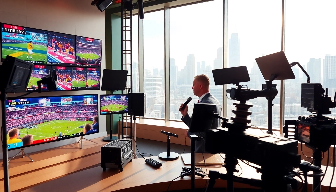 Engaging sports broadcasting scene with an anchor in a vibrant studio setting.