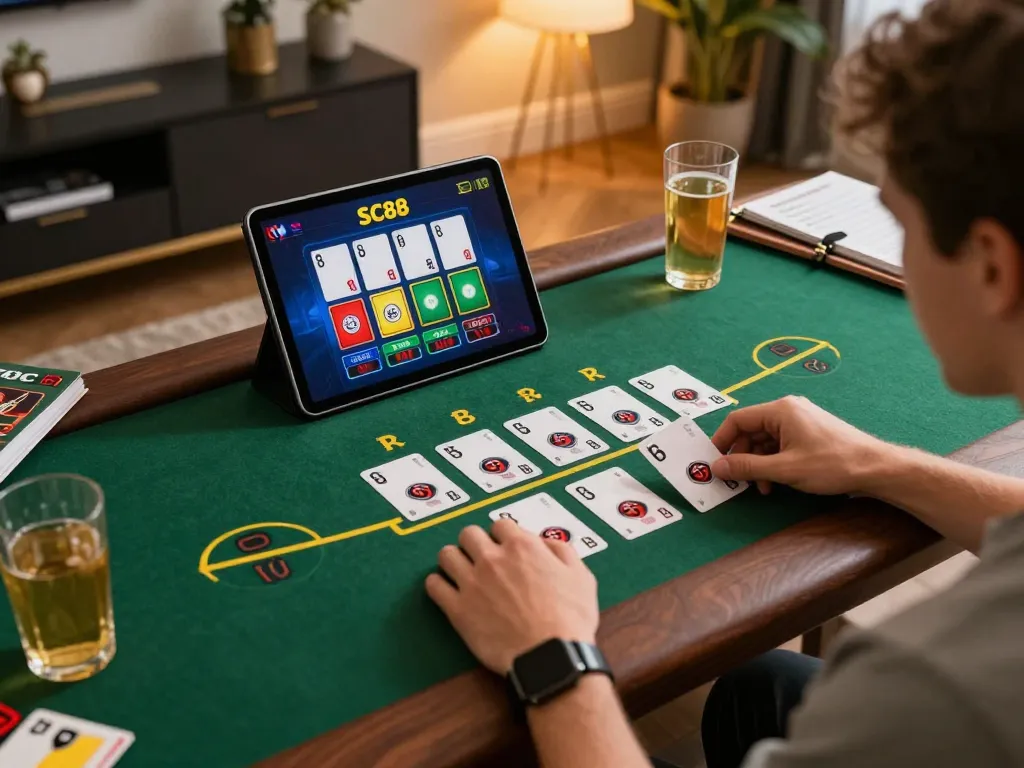 Player enjoying a live dealer blackjack game at SC88 online casino on tablet in cozy setting.