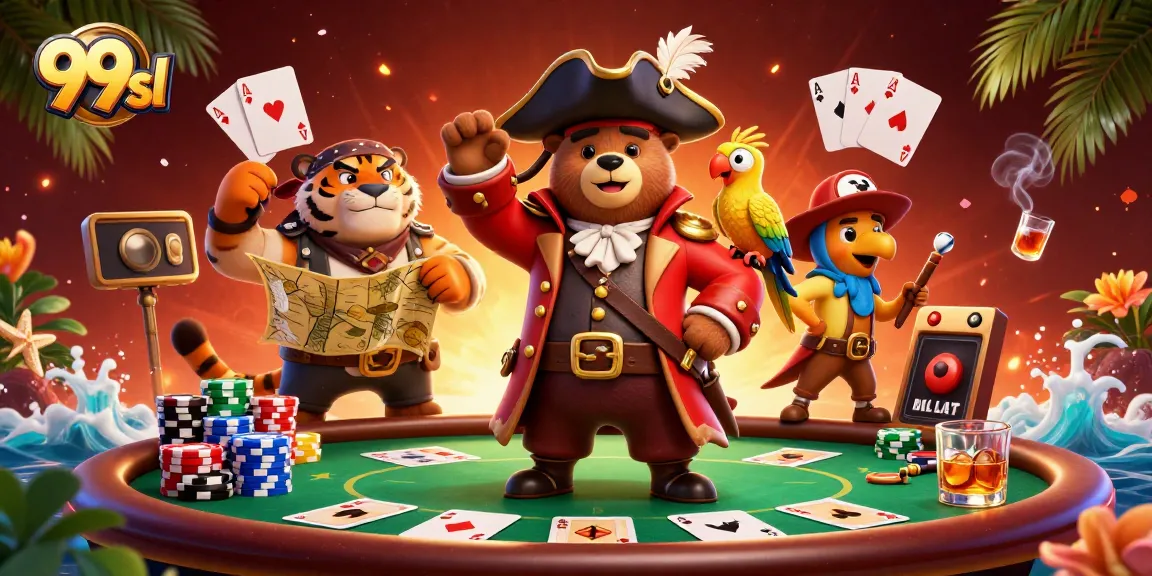Engage in thrilling card games with 99sl's dynamic casino adventure featuring poker, treasure maps, and vibrant visuals.