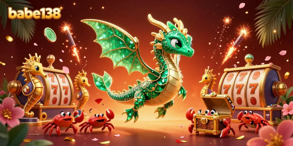 Menang besar dengan bermain slot di babe138, penuh dengan elemen kasino dan simbol keberuntungan.