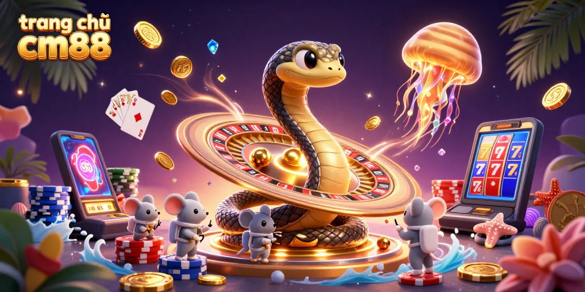 Spin and bet at the vibrant trang chủ cm88, featuring unique 3D casino elements in a dynamic scene.