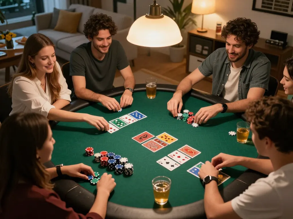 Engaging friends playing poker at home reminds players about responsible gambling on Indrabet.
