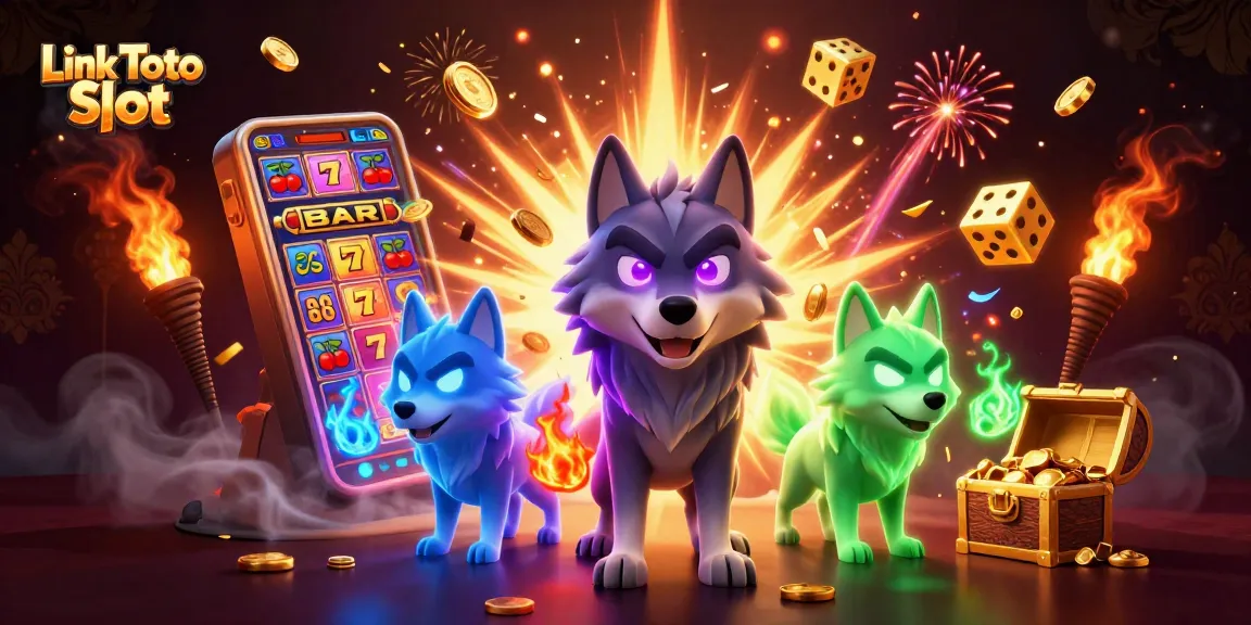 Permainan Link Toto Slot dengan simbol jackpot dan tokoh serigala berenergi dalam ilustrasi kasino