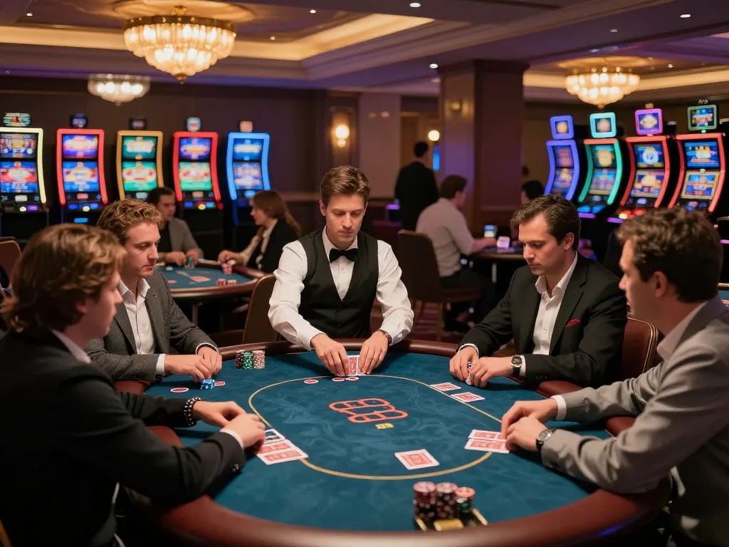 Players strategizing their bets at 78win's vibrant casino tables with dealer in action.