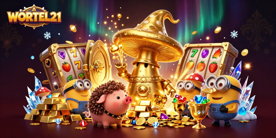 Play exciting slots with WORTEL21 in a vibrant 3D treasure-filled scene.