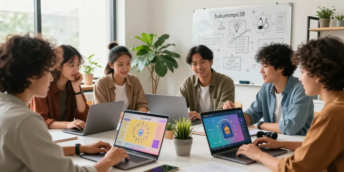 Kelompok orang beragam berbagi mimpi di platform bukumimpi138 dengan laptop dan catatan di meja, suasana hangat dan kolaboratif.