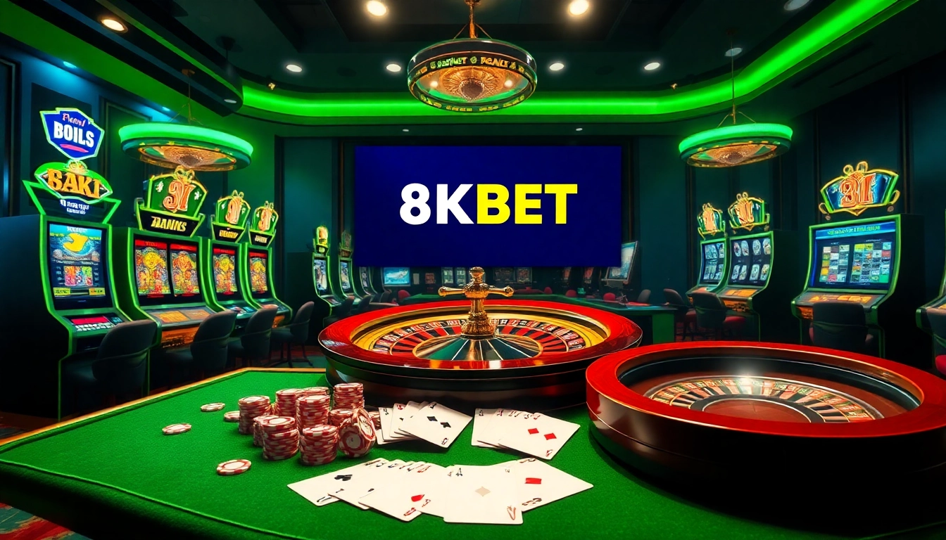 Experience the excitement of 8KBET with vibrant casino tables, poker chips, and a roulette wheel.