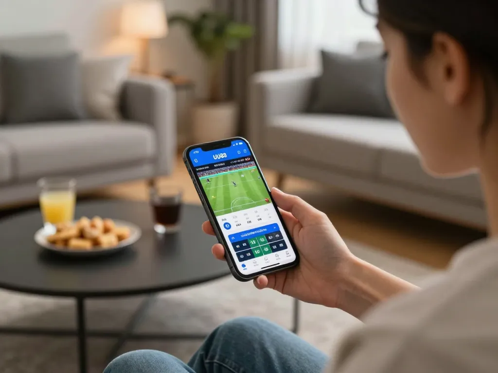 Engaging in UU88 love sports betting, a user checks live odds on their phone in a cozy living room setting.