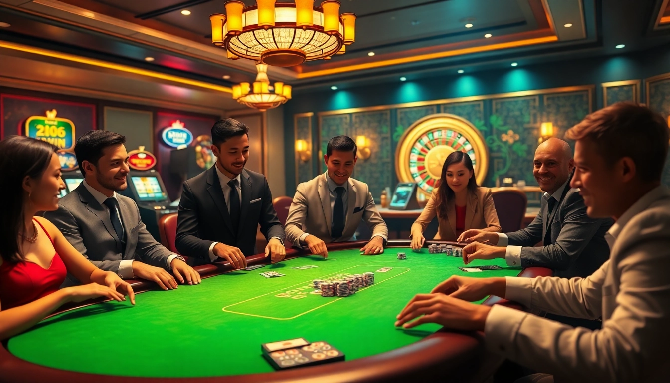 Kuwin players enjoy an exciting game at a vibrant casino table, showcasing thrilling gambling moments.