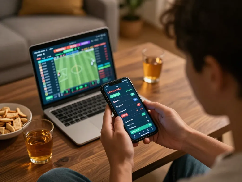 Sunwin sports betting session with a player analyzing live odds on a smartphone for responsible gambling.