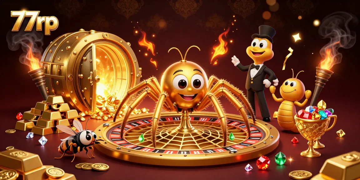 77rp game enthusiasts watch a golden spider and centipede croupier spinning a roulette-themed web.