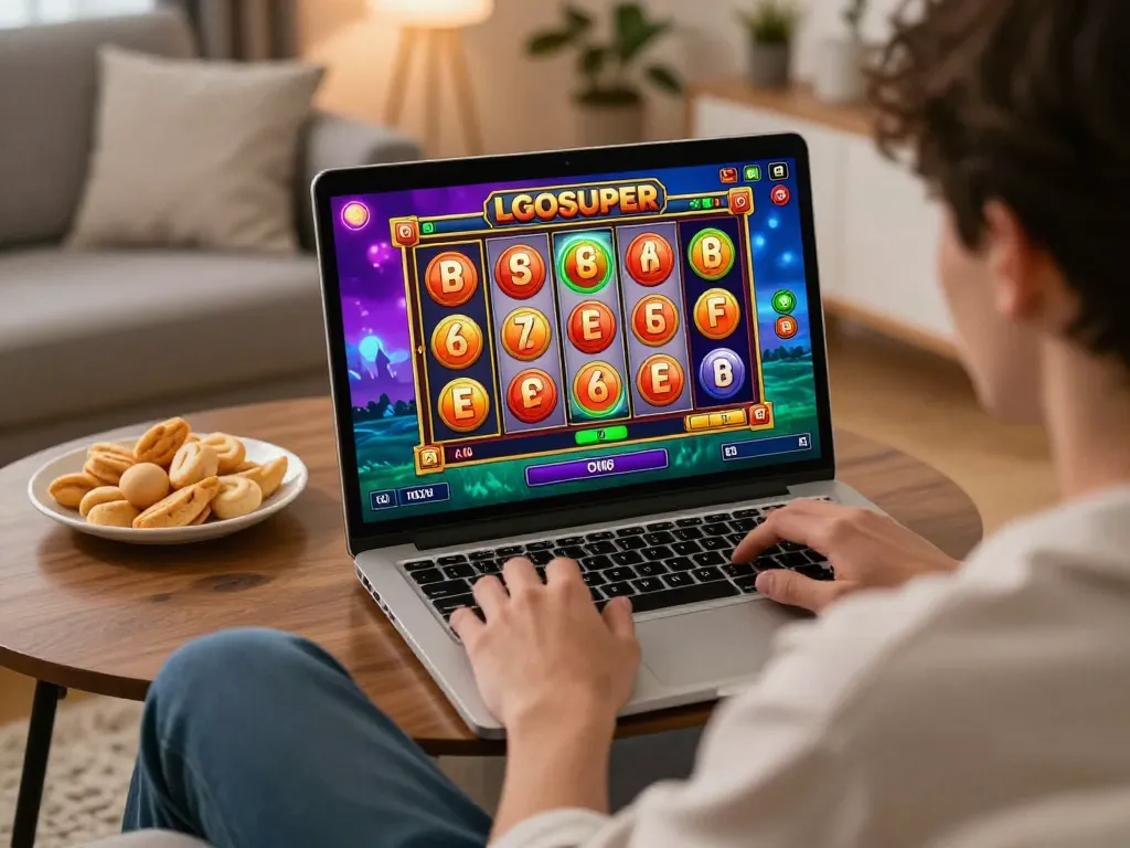 Player enjoying LGOSUPER slot game on laptop in cozy home setting, showcasing online gambling experience.
