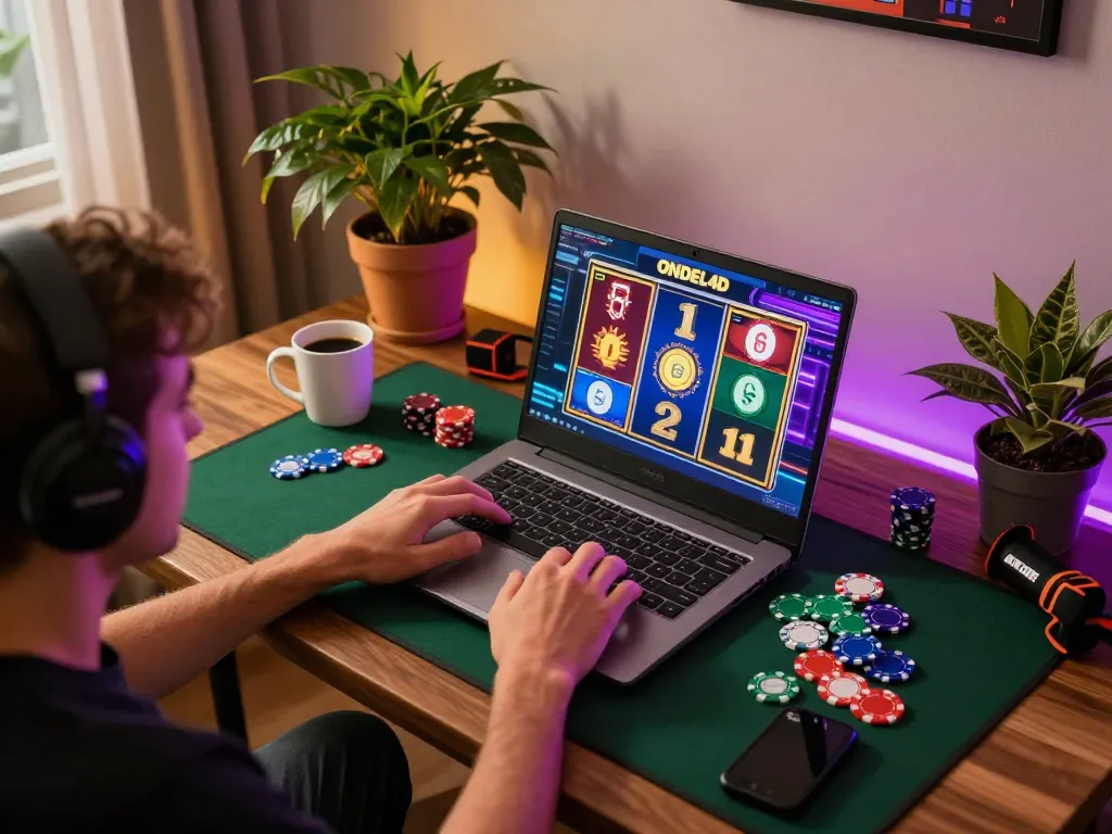 Player engaging with ONDEL4D online slot game, showcasing colorful graphics and gaming accessories in a cozy setup.